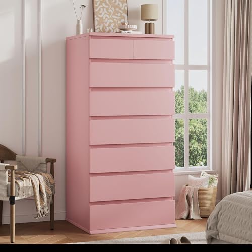 Jocoevol Pink Tall 8 Drawer Dresser for Bedroom,Dressers & Chests of Drawers with Jewelry Storage,Wood Storage Dresser with Deep Drawers for Living Room Hallway Entryway(55.3" L*23.6" W*15.7") - color: Pink