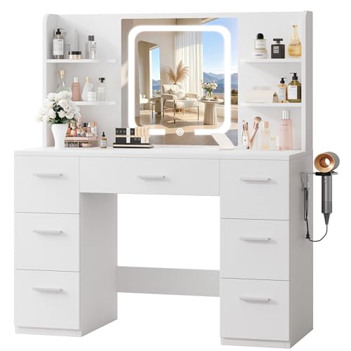 LIVELYGLOW 43" Large White Makeup Vanity Desk with Charging Station | Smart LED Mirror, Hairdryer Holder, 7 Drawers, 4 Shelves - color: White