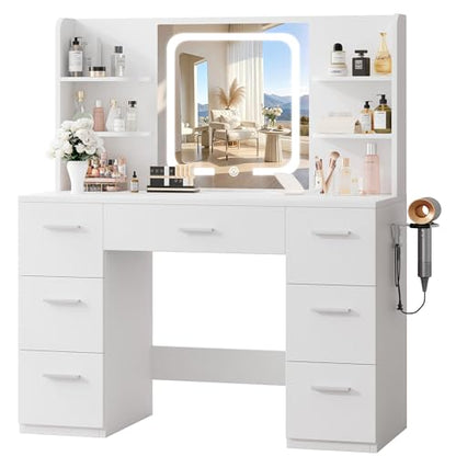 LIVELYGLOW 43" Large White Makeup Vanity Desk with Charging Station | Smart LED Mirror, Hairdryer Holder, 7 Drawers, 4 Shelves - color: White