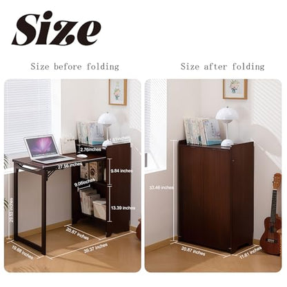 Bamboo Fold Out Desk with Storage, Mid Century Hideaway Desk for Small Spaces, Folding Computer Desk for Home Office Bedroom Apartment, Space Saving - color: Walnut