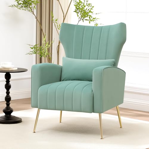 Modern Accent Chair Upholstered Living Room Chair,High Back Arm Chair with Metal Legs Lumbar Reading Chair for Bedroom, Apartment, Small Spaces Lake Green - color: Lake Green, size: Set of 1