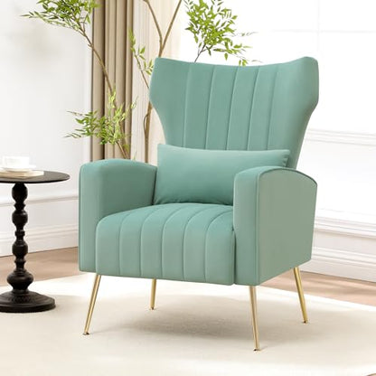 Modern Accent Chair Upholstered Living Room Chair,High Back Arm Chair with Metal Legs Lumbar Reading Chair for Bedroom, Apartment, Small Spaces Lake Green - color: Lake Green, size: Set of 1