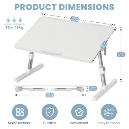 Adjustable Lap Desk, Foldable Laptop Desk for Bed, X-Large Lap Table | 23.6 x 15.7 Inches Bed Laptop Table, Laptop Stand for Couch & Sofa, Laptop Tray for Adults Writing Reading Eating, White - color: White