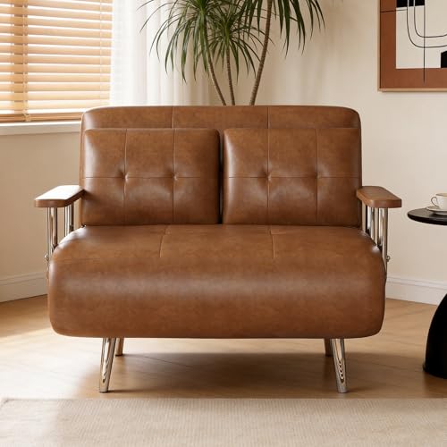 39.4" Brown Faux Leather Futon Sofa Bed Metal Legs Apartment | 2‑Position Adjustable Backrest, Space‑Saving Layout, Apartment‑Friendly, Multi‑Guest Unit, For Living Room & Home Office - size: 39.4"