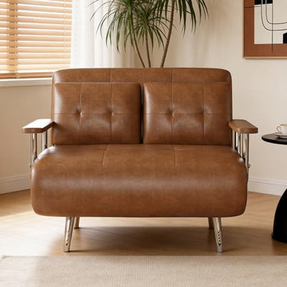 39.4" Brown Faux Leather Futon Sofa Bed Metal Legs Apartment | 2‑Position Adjustable Backrest, Space‑Saving Layout, Apartment‑Friendly, Multi‑Guest Unit, For Living Room & Home Office - size: 39.4"