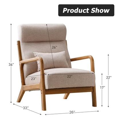 Mid Century Modern Accent Chair with High Back, Upholstered Living Room Chairs with Waist Cushion, Wood Frame Reading Armchair for Bedroom Sunroom, Beige - color: Beige