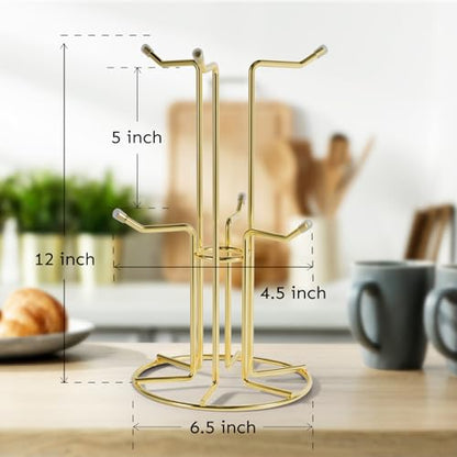 HULISEN Mug Tree for Large Cups, 6 Hook Countertop Coffee Mug Holder, Gold | Cup Rack for Counter, Stable Wide Base, Metal Stand for Kitchen Coffee Bar Display, Space-Saving, No Assembly Required - color: Gold