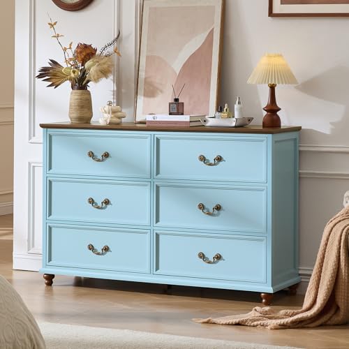 Joaxswe Farmhouse 6 Drawers Dresser for Bedroom, Vintage 54" Wide Chest of Drawers w/ 4 Wooden Legs, Rustic Large Closet Storage Dressers Organizer for Hallway, TV Stand for Living Room,Light Blue - color: Light Blue, size: 15.7"D x 54"W x 34.6"H (6 Drawe