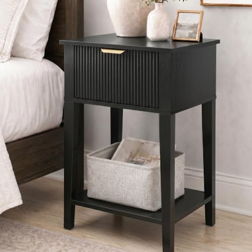Black 15.4" Wide Small Nightstand with Drawer,Open Shelf,Fluted | Black wood-grain finish, fluted drawer front with gold handle, 11.8-inch slim depth, designer-inspired bedside storage - color: Black