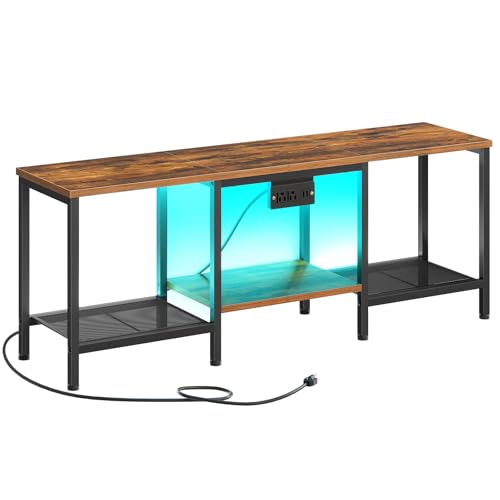 HOOBRO 충전 스테이션이 있는 TV 스탠드, 139.7cm(55인치), LED 엔터테인먼트 센터, 거실, 침실용 오픈 보관 선반이 있는 미디어 TV 콘솔 테이블, 러스틱 브라운 및 블랙 BF122UDDS01 - color: 러스틱 브라운 + 블랙