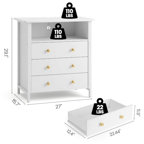 27" LED Nightstand Set 2 with Charging Station & 3 Drawers, White | RGB App Control, 2 AC Outlets & 2 USB Ports, Open Storage, Adjustable Feet, Wood Tall Nightstand for Bedroom or Office - color: White, size: 3 Drawers
