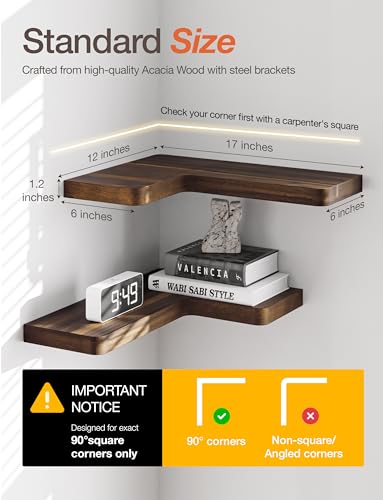 BATODA Acacia Wood Corner Floating Shelf 17” x 12”- Corner Shelf Wall Mounted - Floating Book Shelves for Wall - Corner Shelf for Home, Kitchen - with Brackets and Hardware (Walnut Color, 17" x 12") - color: Walnut Color