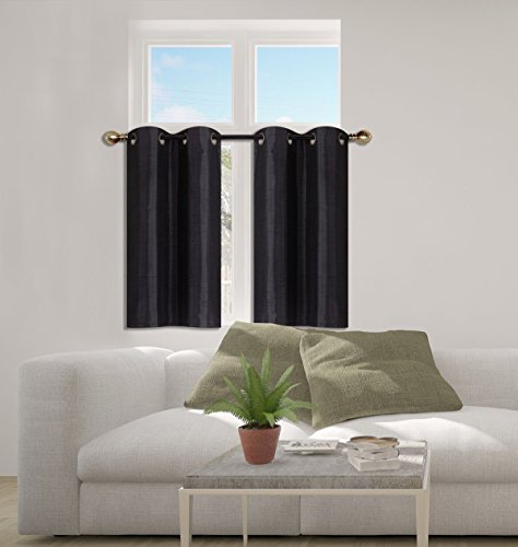 Elegant Home 2 Panels Tiers Grommets Small Window Treatment Curtain Faux Silk Insulated Blackout Drape Short Panel 28" W X 36" L Each for Kitchen Bathroom or Any Small Window # D24 (Black) - color: Black