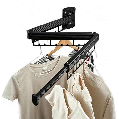 Foldable Wall Mounted Laundry Drying Rack, 3 Fold Retractable Clothes Drying Rack, Durable Clothing Hanger Rack for Laundry Room, Balcony, Bathroom (Black) - color: Black