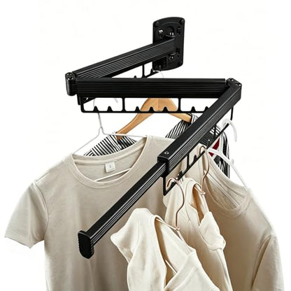 Foldable Wall Mounted Laundry Drying Rack, 3 Fold Retractable Clothes Drying Rack, Durable Clothing Hanger Rack for Laundry Room, Balcony, Bathroom (Black) - color: Black