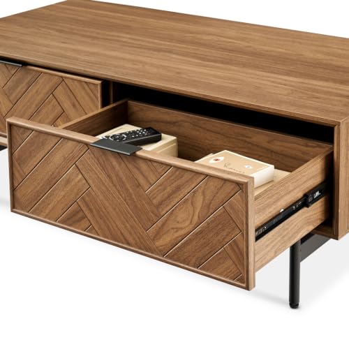 mopio Axis 47" Herringbone Walnut Coffee Table with Reinforced Slim Black Metal Legs and Handles, Industrial Design - color: Herringbone Walnut