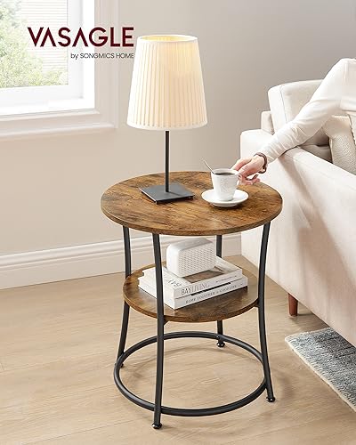 VASAGLE 21.7-Inch Round Side Table, 2-Tier End Table | Nightstand with Steel Frame, Spacious Top, for Small Spaces, Living Room, Bedroom, Rustic Brown and Ink Black ULET56BX - color: Rustic Brown + Ink Black, style: Without Power Strip