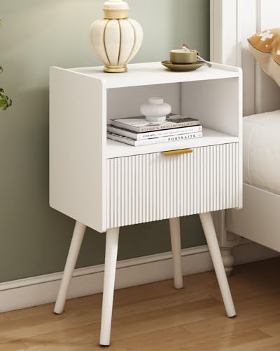 White Nightstand,Modern Bedside Table with Storage Drawer and Open Wood Shelf, for Living Room, Bedroom and Small Spaces, Accent Night Stand with Solid Wood Legs, Easy Assembly,Classic White - color: White