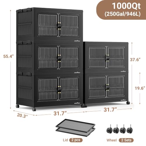 BROVIEW 1000QT Extra Large Stackable Storage Bins with Lids, 5Pack Black | 250Gal Plastic Collapsible Cabinets Containers, Wheels & PET Doors, Foldable Closet Organizers Drawers for Office, Dorm - color: Black, size: 50Gal-5Pack