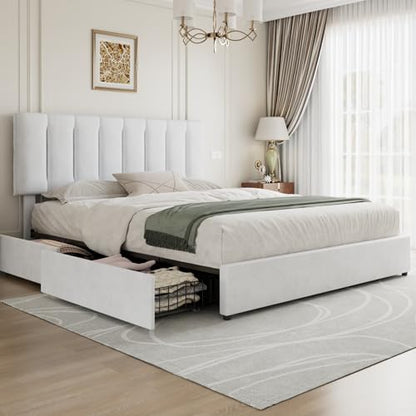 VECELO King Size Bed Frame with 4 Storage Drawers, Adjustable Height Headboard, Heavy-Duty Bedframe with Strong Wooden Slats, No Box Spring Needed, Pure White - color: Pure White, size: King, style: Bed Frame With Drawers