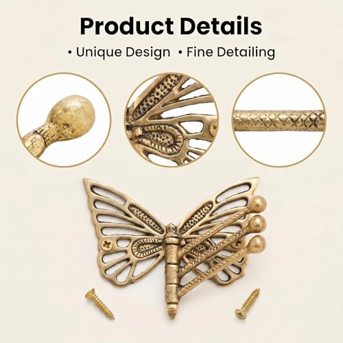 Indian Shelf Brass Butterfly Swivel Wall Hook, Foldable Tri-Arm Gold Hanger - style: Butterfly