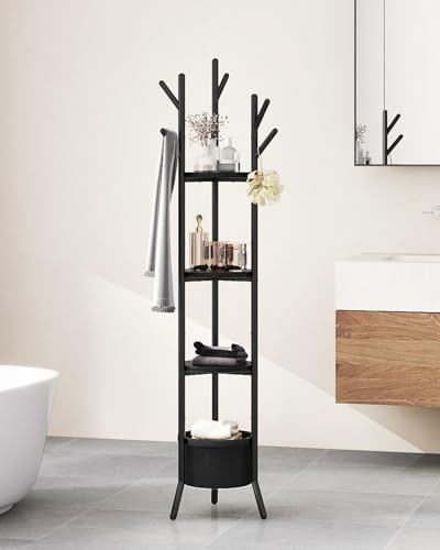 YMYNY Coat Rack, Freestanding Coat Stand with Storage Shelves, Hall Trees with 3 Wooden Shelves and 1 Fabric Basket, Metal Clothes Stand for Hats Bags Hallway Bedroom Black UHGR005B - color: Black