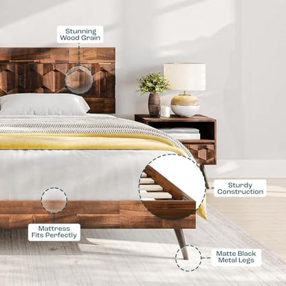 Bme Georgina Queen Bedframe, Geometric Headboard, Mid Century, Dark Choco - color: Dark Chocolate, size: Queen, style: Bed Frames