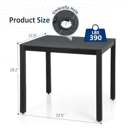 Outdoor Dining Table, Weatherproof 34" Square HIPS Patio Dining Table for 4, with 2" Umbrella Hole, Outdoor Table for Backyard Deck Poolside, Black - size: 34" table