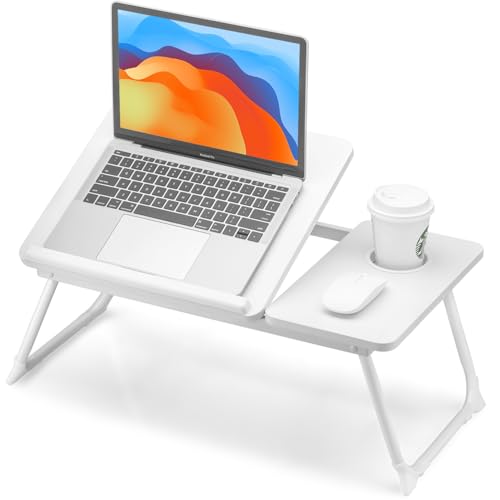 FISYOD Foldable Laptop Desk for Bed Couch, Adjustable Split Lap Desk with Cup Holder, Portable Lightweight Bed Table Tray, Heavy-Duty Laptop Stand for Working, Writing, Reading and Eating - White - color: White
