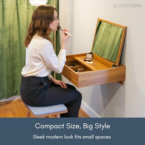 Small Vanity Desk with Mirror & Chair, 18 x 20 Inch, Wall Mounted | Floating Makeup Table, For Small Spaces, Flip Up Top, Bedroom Vanity
