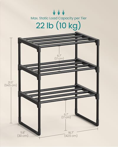 SONGMICS 신발장, 3단 신발 정리함, 금속 보관 선반, 수직 또는 거꾸로, 4-8쌍, 쌓을 수 있음, 입구용, 29.5 x 41.9 x 54.9cm(11.8 x 16.7 x 21.5인치), 블랙 ULSA003B01 - color: 블랙., size: 3 Tiers (16.7"W)