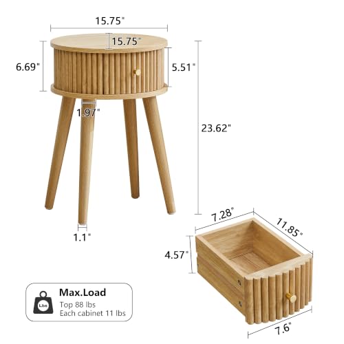 Round Fluted Side Table Set of 2, Small End Table with Fluted Drawer, Mid-Century Modern Wooden Bedside Table Round Nightstand Small Sofa Side Table for Living Room(Natural) - color: Natural, size: 15.7"D x 15.7"W x 23.6"H