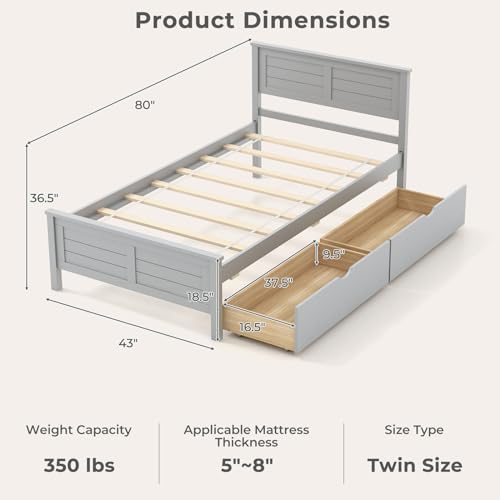 Giantex Wood Twin Bed with 2 Storage Drawers, Solid Wood Platform Bed with Headboard, Wooden Slats Support Mattress Foundation, No Spring Needed, Twin Bed Frame for Kids, Teens, Adults, Grey - color: Grey, size: Twin