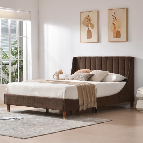 YUHUASHI Queen Size Bed Frame with Linen Fabric Twin Wingback Headboard, Upholstered Platform Bed with Wooden Slat Support, Noiseless, No Box Spring Required (Brown, Queen) - color: Brown, size: Queen