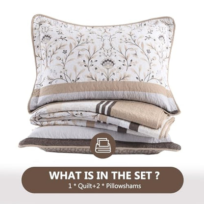 100% Cotton Quilt Set Queen Size - Reversible Botanical Quilted Comforter, Queen Quilt Bedspread, Lightweight Bedding, 3pcs, Brown/Beige - color: Brown/Beige, size: Queen(90"x98")