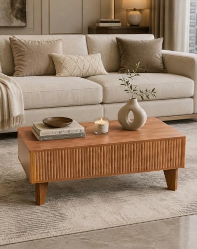 Rectangular Lift Top Coffee Table with Storage, 41.5" Mid Century Modern Living Room Center Table, Wood Fluted Coffee Table for Home Office, Walnut - color: Walnut-rectangle