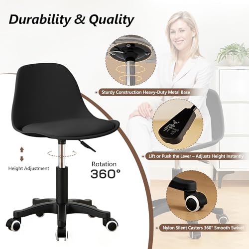 JPBSTO Small Desk Chair Cute, Swivel Armless Task Chair with Soft Padded Cushion, Height Adjustable Home Office Desk Chair with Back for Study Room, Vanity, Office, Bedroom - color: All Black, size: M-Set of 1
