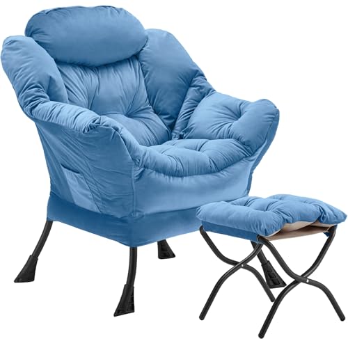 Youtanic Lazy Chair with Folding Ottoman, Accent Chair Velvet Upholstered with Metal Structure and Non-Slip Pads, Sofa Armchair with Footrest and Side Storage Bag for Dorm, Room, Office, Light Blue - color: Light Blue