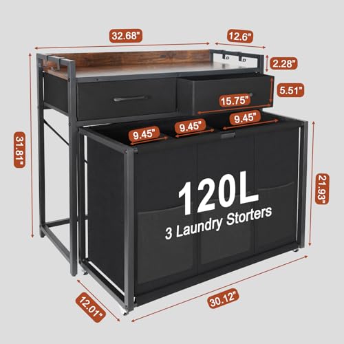 Rolling Laundry Sorter with wheels, Laundry Hamper 3 Section with shelf - 3 × 10.5 Gal (120L) Capacity, Laundry Basket with Drawers for Clothes-1 Storage Shelf, Laundry Organizer for Laundry Room
