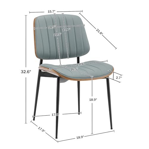 LUNLING Dining Chairs Set of 2,Mid Century Modern Retro Faux Leather Chair with Walnut Bentwood Upholstered Seat Metal Legs Adjustable Foot for Kitchen Dining Room Chairs(Blue) - color: Blue, size: Set of 2