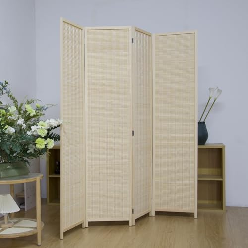 4 Panel Bamboo Room Divider Screen,5.6 FT Tall Bamboo Divider Folding Privacy Screen,Freestanding Panel Divider for Room Seperation,Beige - color: Beige, size: 4 Panel