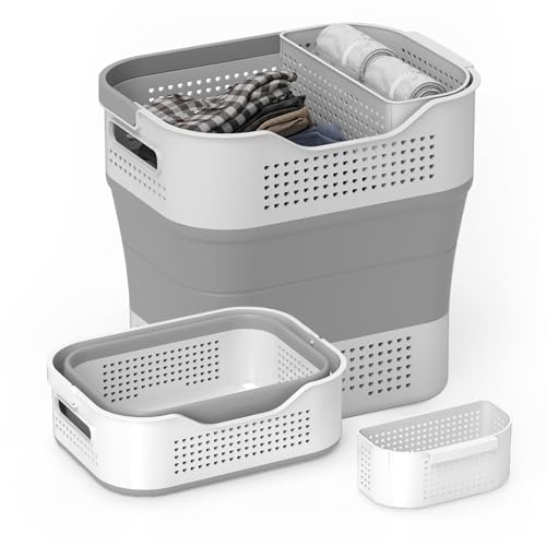 TECHMILLY Collapsible Plastic Laundry Basket Hamper with Handles, 35L Portable Rubber Clothes Basket, Pop Up Storage Container/Organizer with Hanging basket for Washing & Storage, Grey - color: Grey, size: 35L