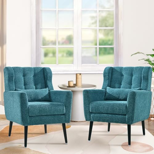Accent Chair Set of 2, Upholstered Armchair with Pillow, Fabric Single Sofa Chair with Lounge Seat and Wood Legs Accent Chair for Living Room Small Spaces (Teal) - color: Teal, size: Set of 2