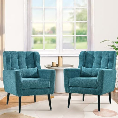 Accent Chair Set of 2, Upholstered Armchair with Pillow, Fabric Single Sofa Chair with Lounge Seat and Wood Legs Accent Chair for Living Room Small Spaces (Teal) - color: Teal, size: Set of 2