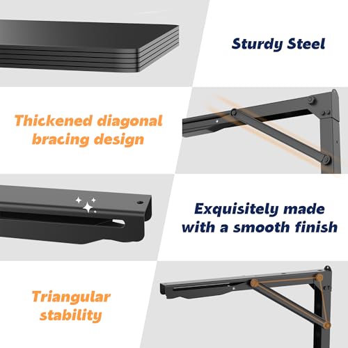 24 inch Black Sturdy Folding Shelf Brackets, Heavy Duty Adjustable Steel Wall Mounted Collapsible Shelf Bracket, Max Load 550lb - style: 2 PACK
