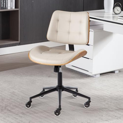 Home Office Desk Chair with Rubber Wheels, Armless Bentwood, Beige | Adjustable Height Armless Office Chair, PU Leather Mid Back 360°Small Computer Chair, No Arms Walnut Seating, 300LBS Support - color: Beige, size: Standard Style