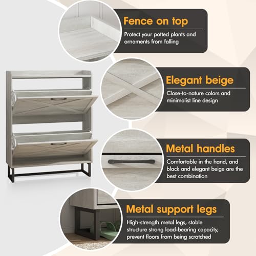 Maupvit Shoe Storage Cabinet with 2 Flip Drawers, Freestanding Organizer with Metal Legs for Entryway, Narrow Shoe Rack Cabinet, Beige - color: Beige, style: 2-Drawers