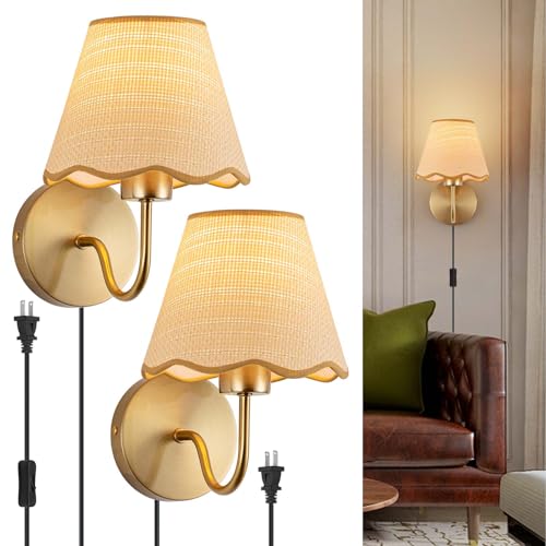 ADISUN Wall Sconce Set of 2, Gold Plug in Wall Lamps for Living Room, Hardwired. Rattan Shade Wall Lights for Bedroom Living Room Hallway Kitchen - color: Gold, 10inch