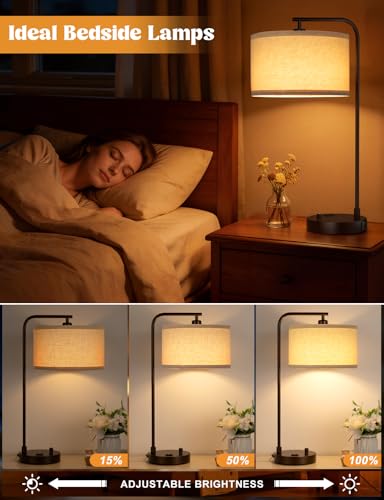 Innqoo Brown Table Lamp for Bedroom with USB Port and Outlet, Dimmable Nightstand Bedside Lamps with Linen Lampshade, Desk Lamp for Home Office, Living Room, Guest Room, LED Bulb Included - color: E-Beige Shade & Brown Base
