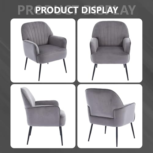GDFStudio 25" Velvet Accent Chair with Arms and Back, Modern Shell-Shaped Upholstered Barrel Chairs, Small Comfy Reading Chair Lounge Chairs with Solid Legs for Living Room Bedroom Office Cafe, Grey - color: Grey